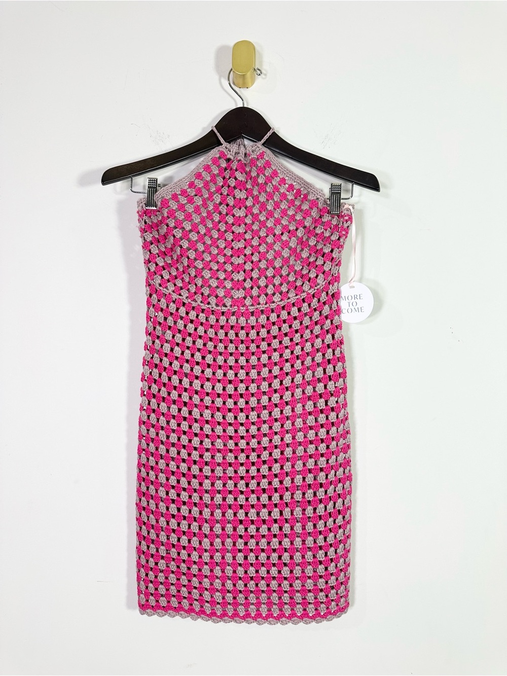 Revolve More to Come Pink Gray Crochet Halter Bathing Suit Cover Mini Dress NWT